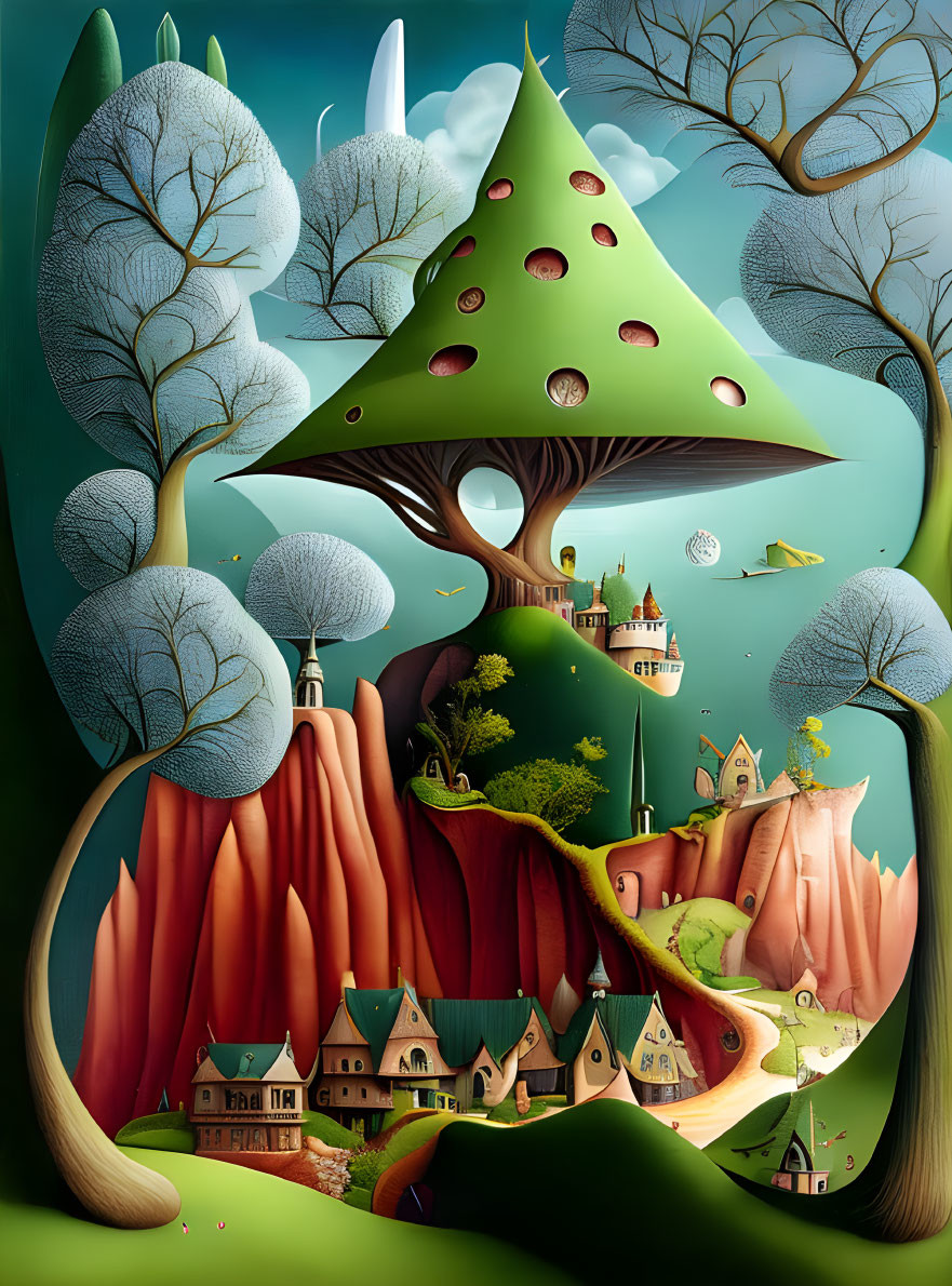 Vibrant fairy-tale landscape with mushroom tree and floating islands