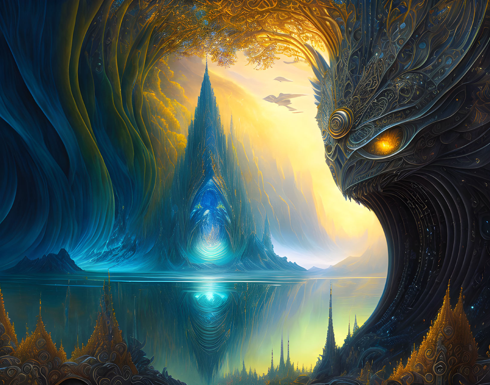 Fantastical landscape with giant owl-like creature, glowing portal, and golden foliage