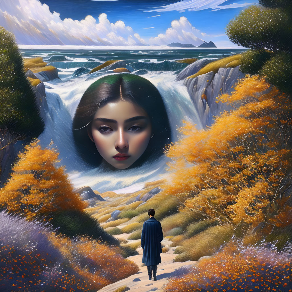 Surreal portrait: waterfall blending with woman's face in autumn landscape