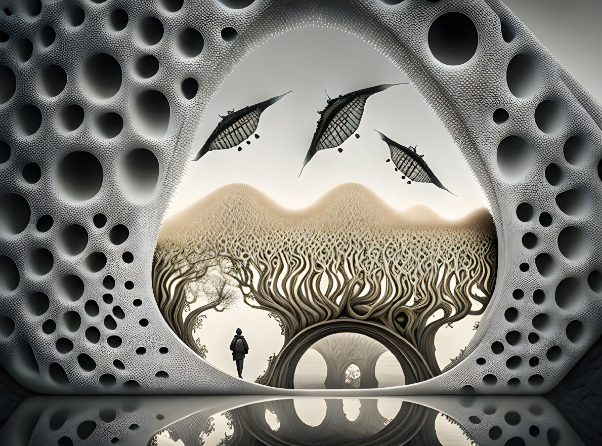 Surreal landscape with silhouetted figure, tree-like structures, flying fish, and porous