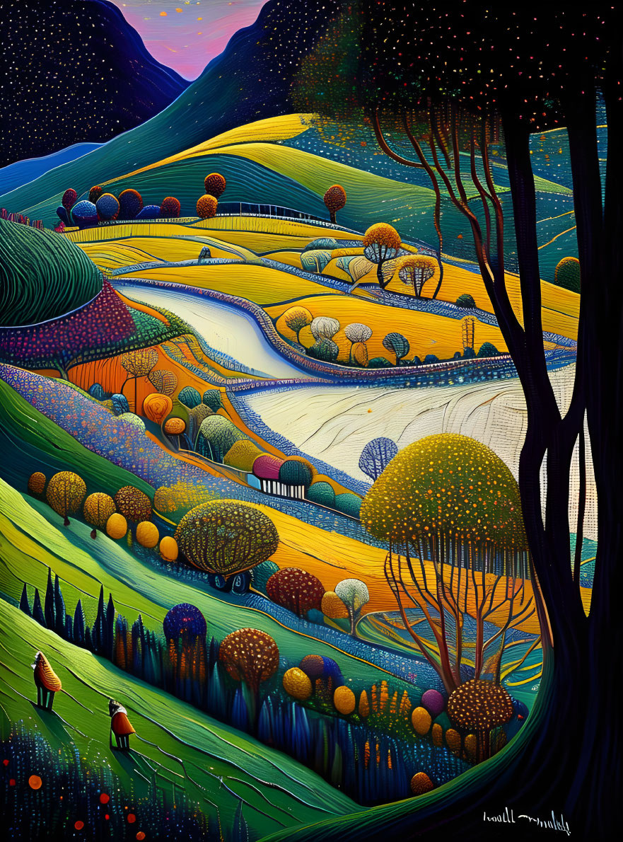 Colorful Landscape Painting with Rolling Hills and Starry Sky