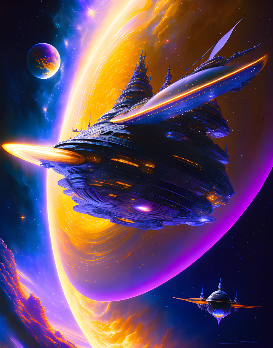 Colorful Gas Giant Orbit Scene with Spaceships