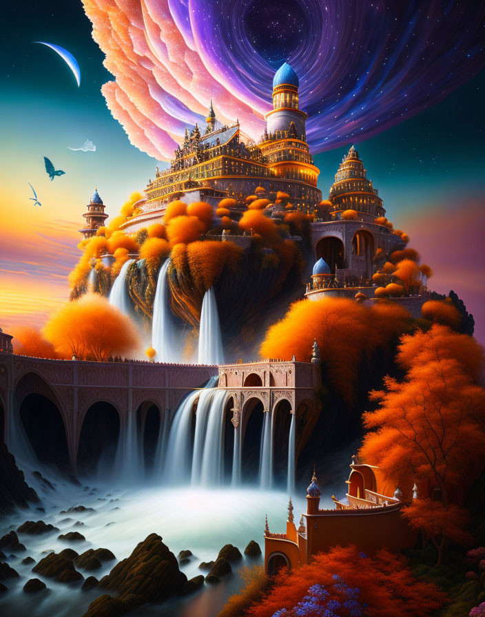 Fantastical palace with ornate architecture amid waterfalls, autumnal trees, vibrant cosmic sky.