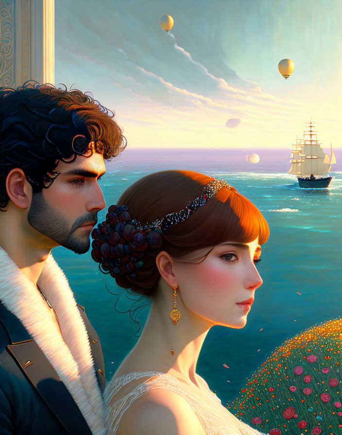 Romantic sunset scene with elegant couple, ship, hot air balloons, and lush flowers