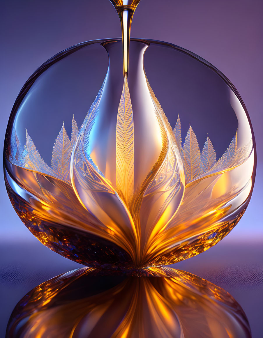 Translucent spherical glass sculpture with leaf-like patterns on purple backdrop