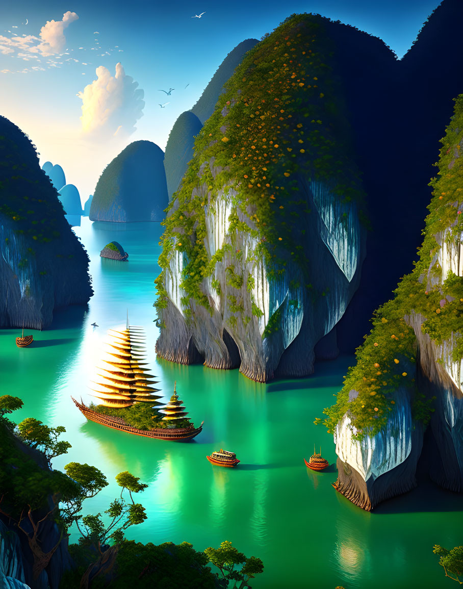 Emerald Waters and Karst Peaks in Serene Bay