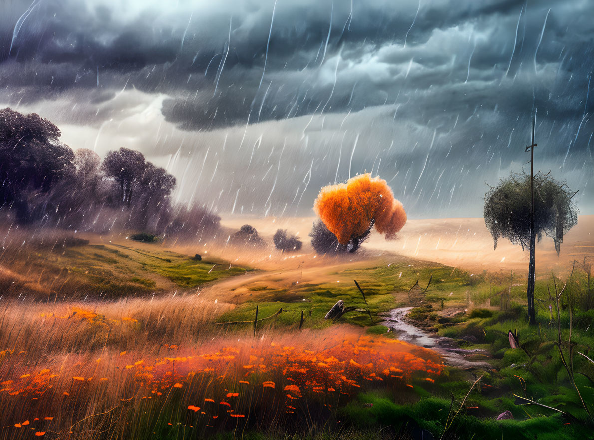 Colorful storm landscape with orange tree and flowers