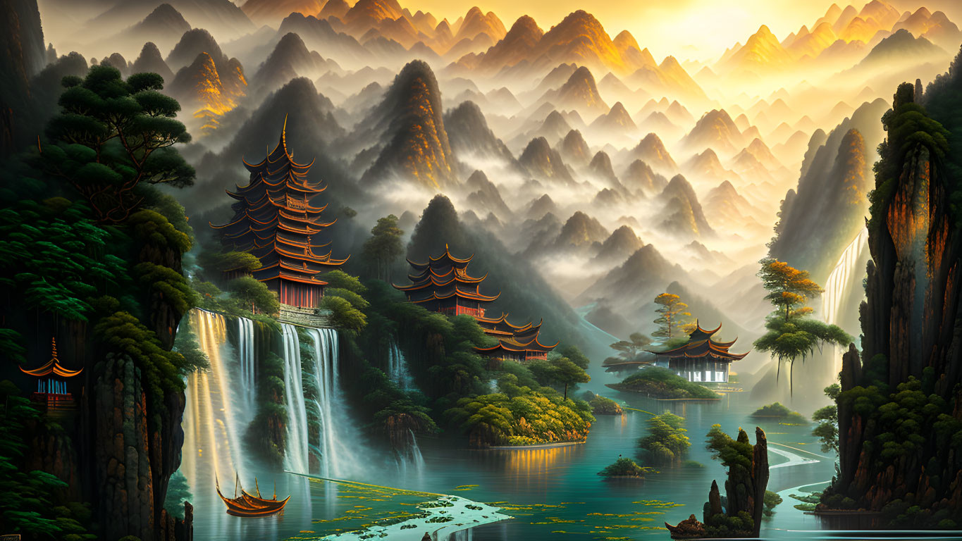 Scenic landscape with pagodas, mountains, forests, river, and boats at sunrise