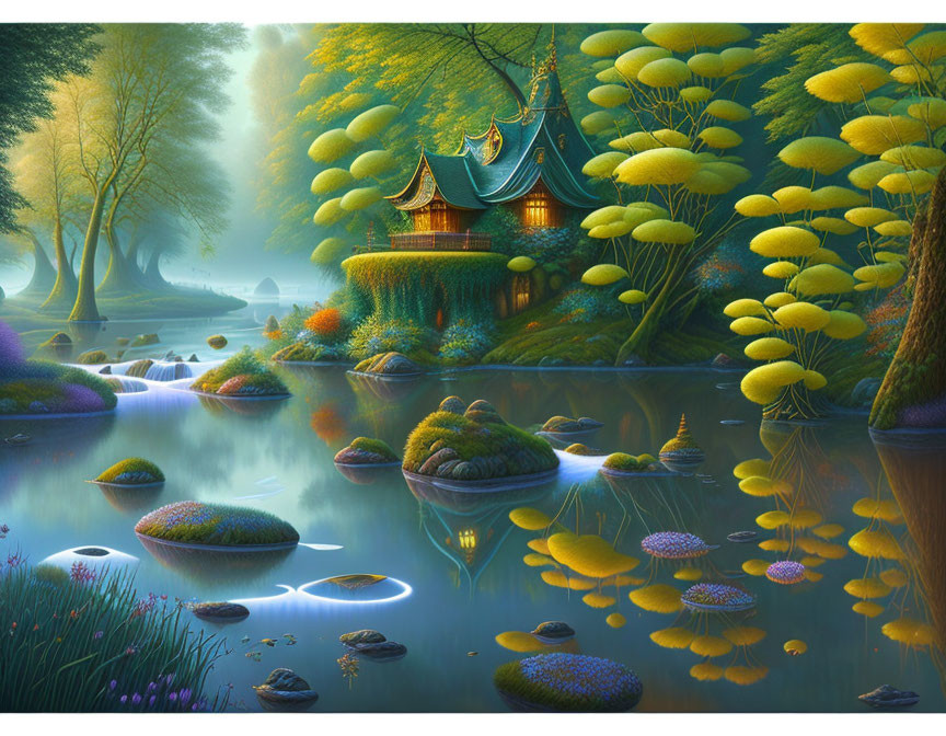 Fantasy landscape with vibrant plant life, pond, lily pads, and ornate house