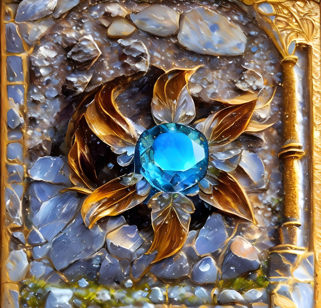 Detailed Close-Up of Blue Gemstone Surrounded by Gold Petals