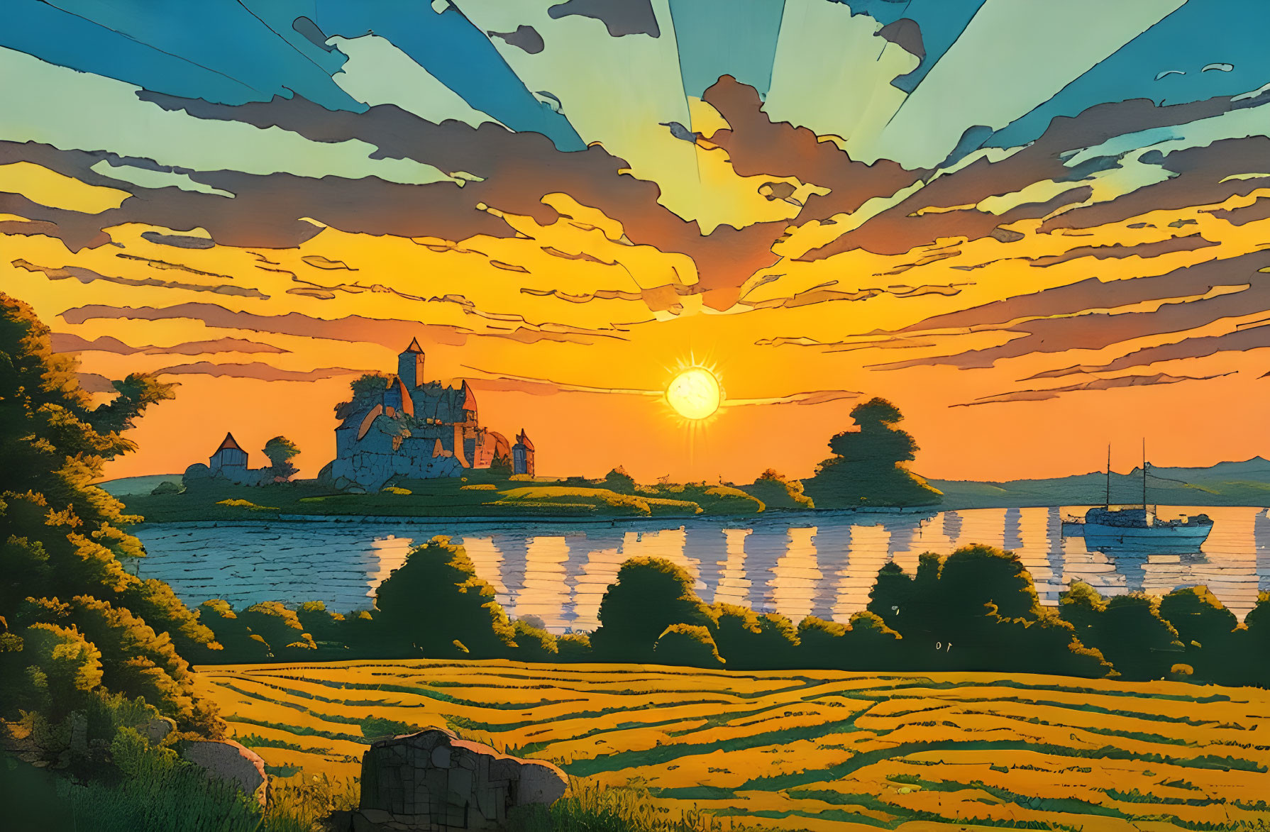 Scenic sunset with castle, river, fields, and boat