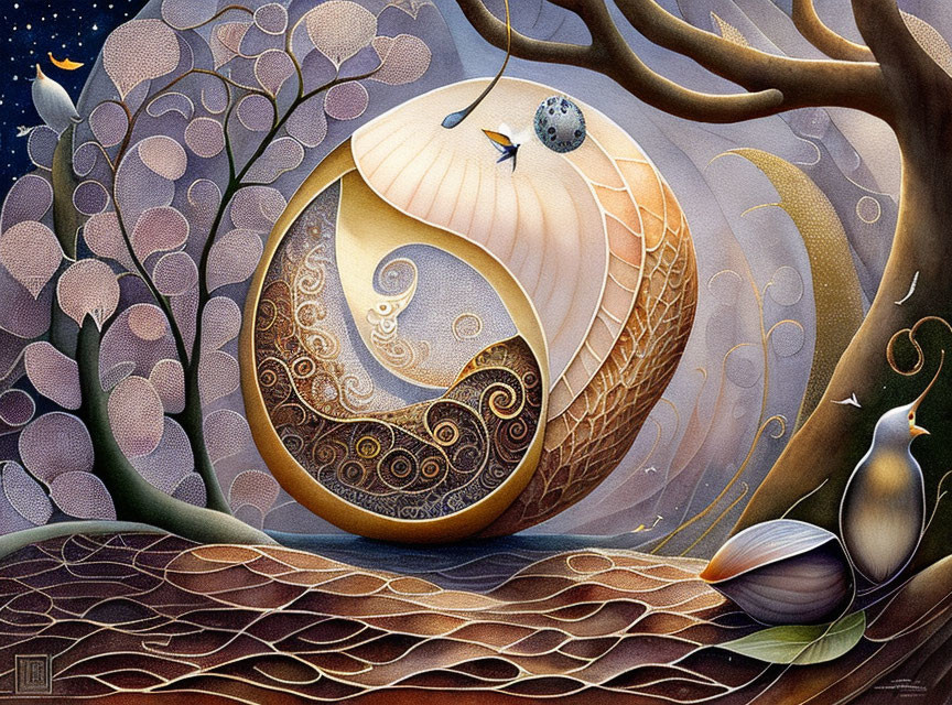 Whimsical painting of stylized tree with surreal moon, ladybug, and curious bird.