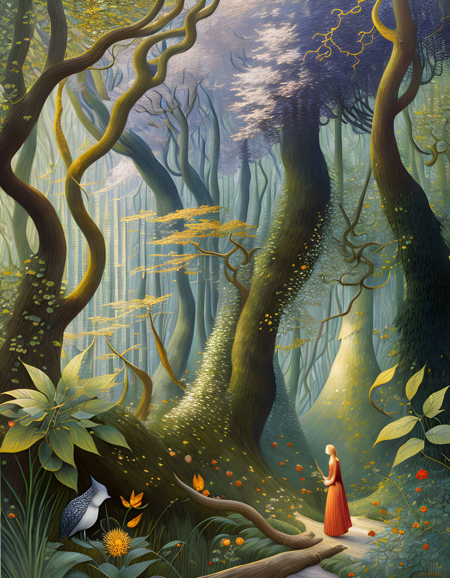 Woman in red dress and bird admire floating lights in mystical forest with towering trees and golden blossoms