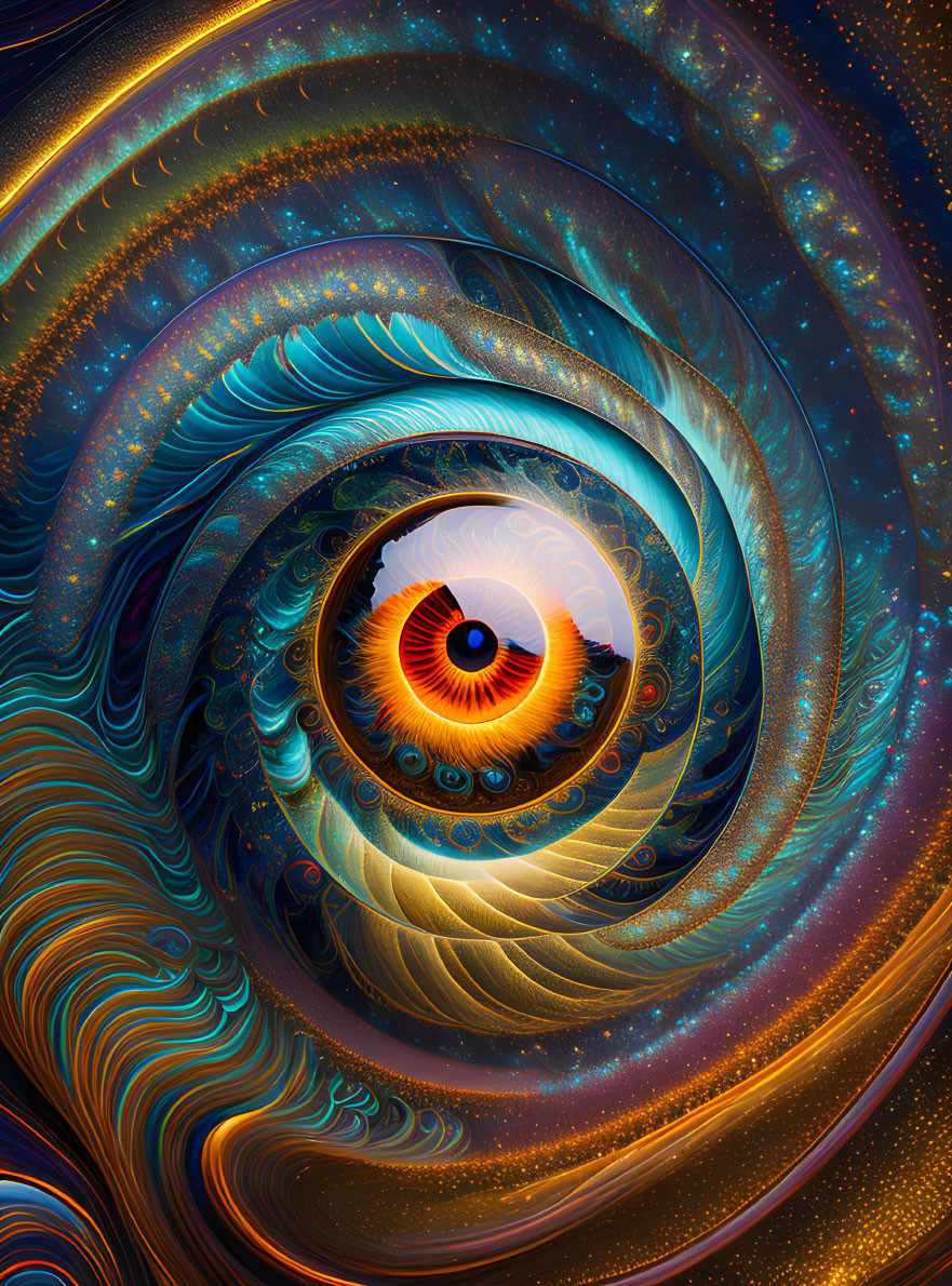 Colorful digital eye art with cosmic patterns in blue, gold, and orange