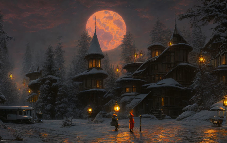 Snowy village with illuminated buildings under full moon