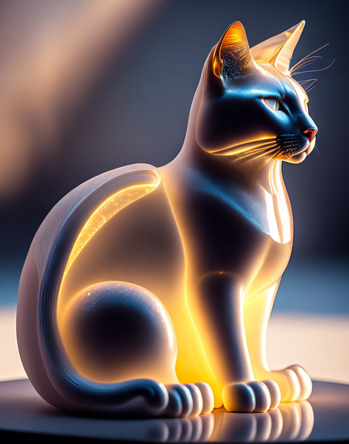 Ethereal futuristic cat sculpture with glowing lines