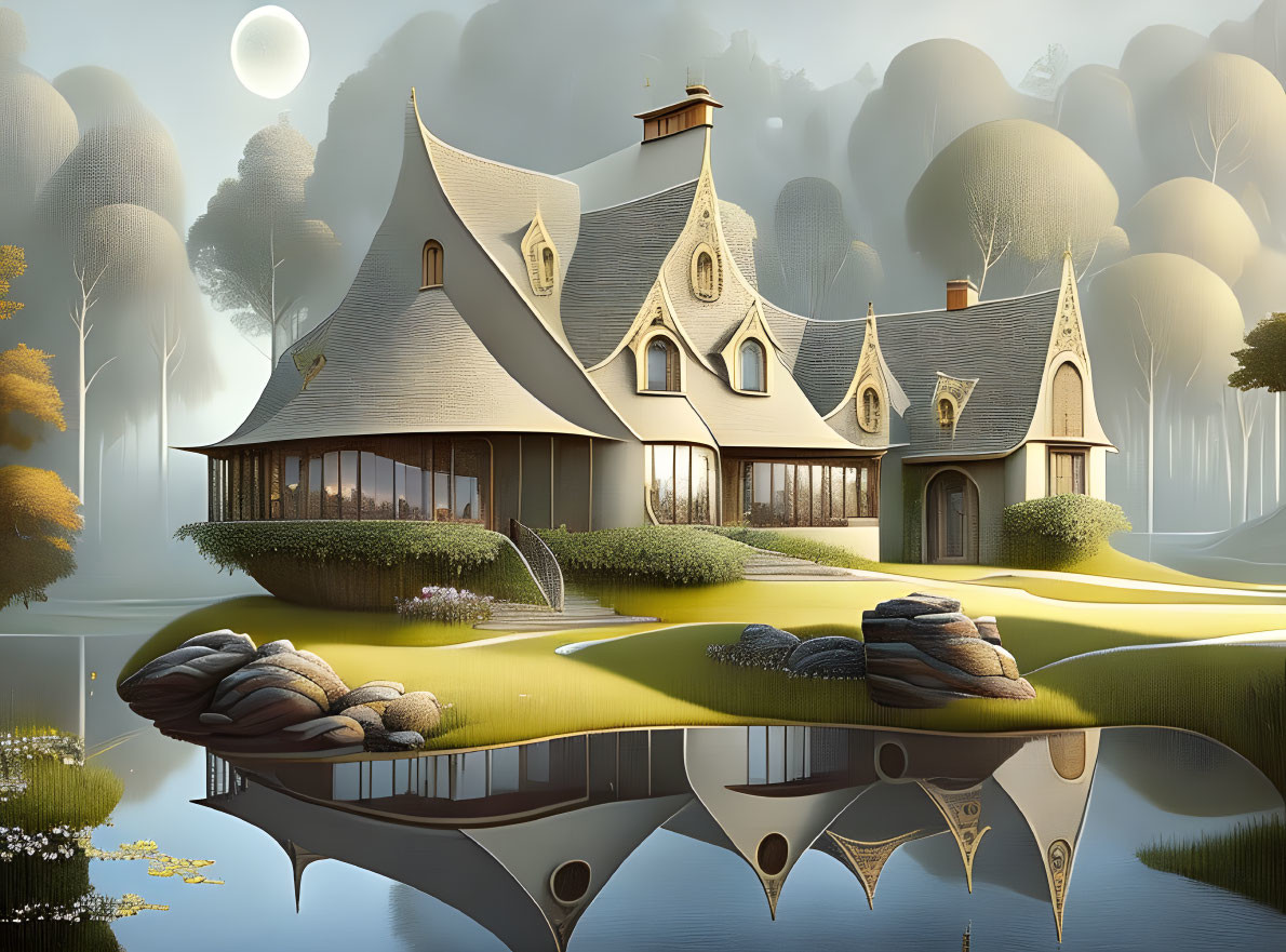 Whimsical house in fantasy landscape with moonlit water