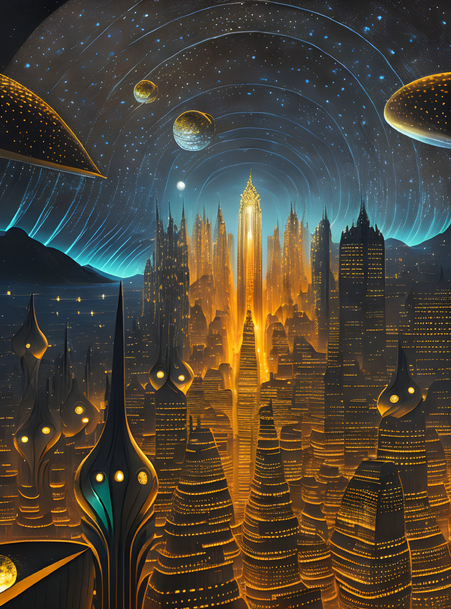 Night Sky Cityscape with Glowing Buildings and Cosmic Elements