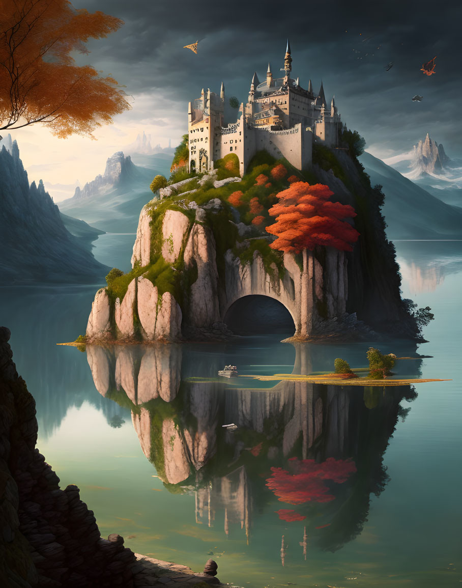 Majestic castle on steep rock with autumn trees and mountain view