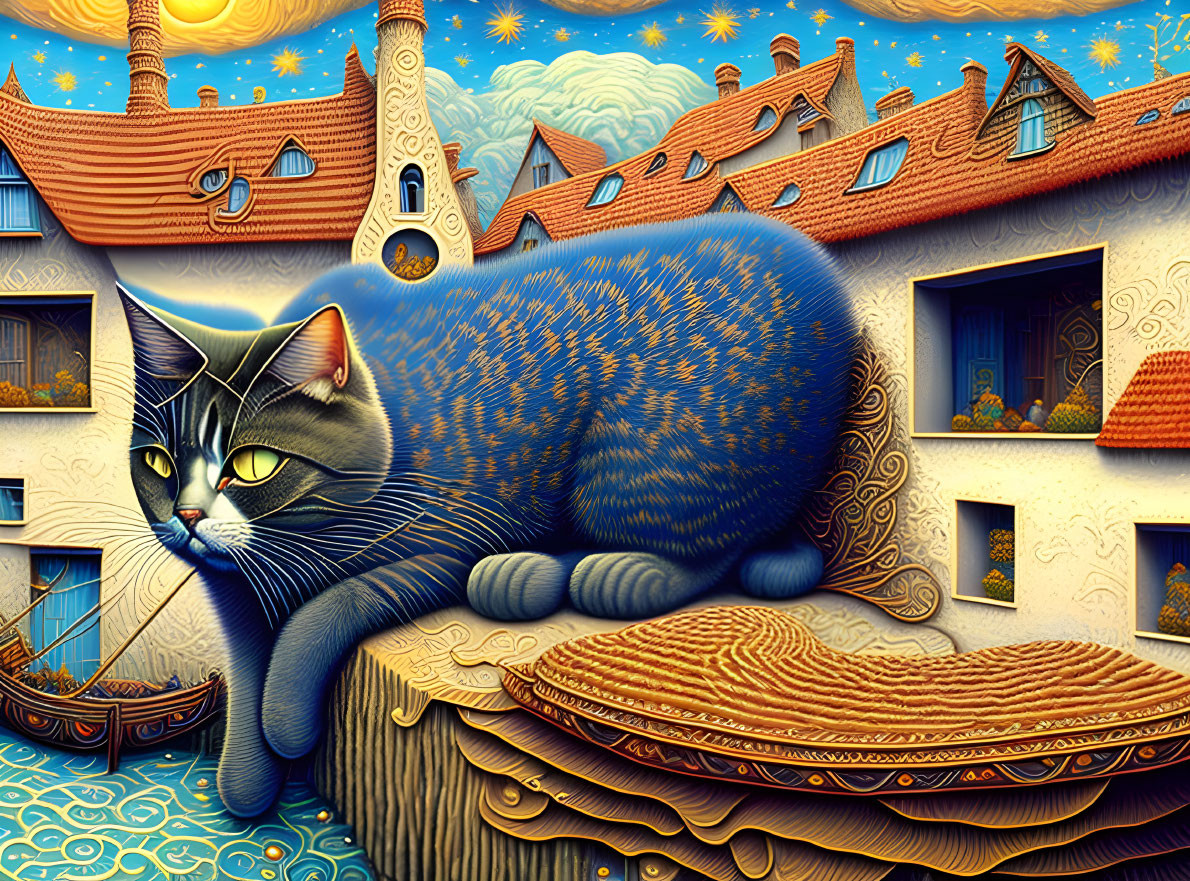 Whimsical oversized cat in surreal European village under starry sky