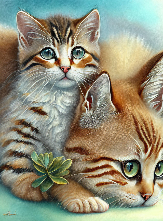 Fluffy striped kittens with green eyes and clover