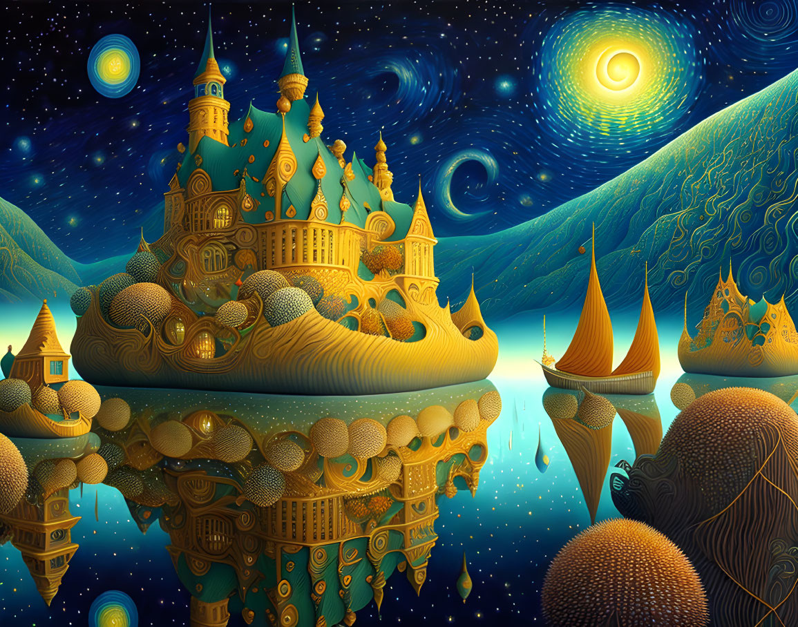 Whimsical castle artwork with spiral towers and starry sky