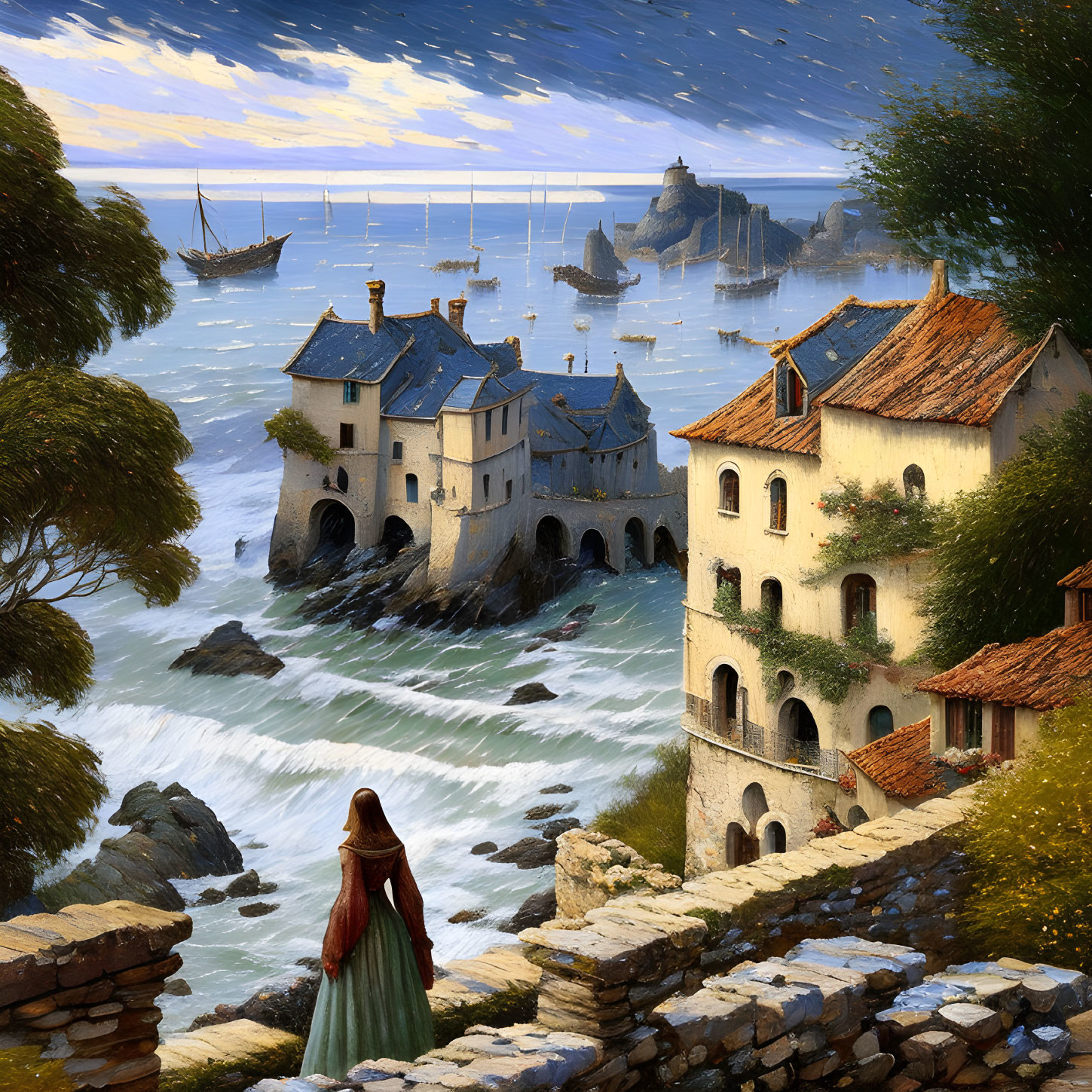 Woman in Red Cloak Observing Coastal Village at Night