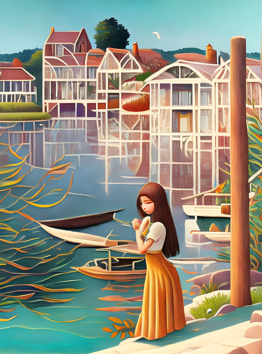 Girl in Yellow Dress by Lake with Transparent Village and Nature