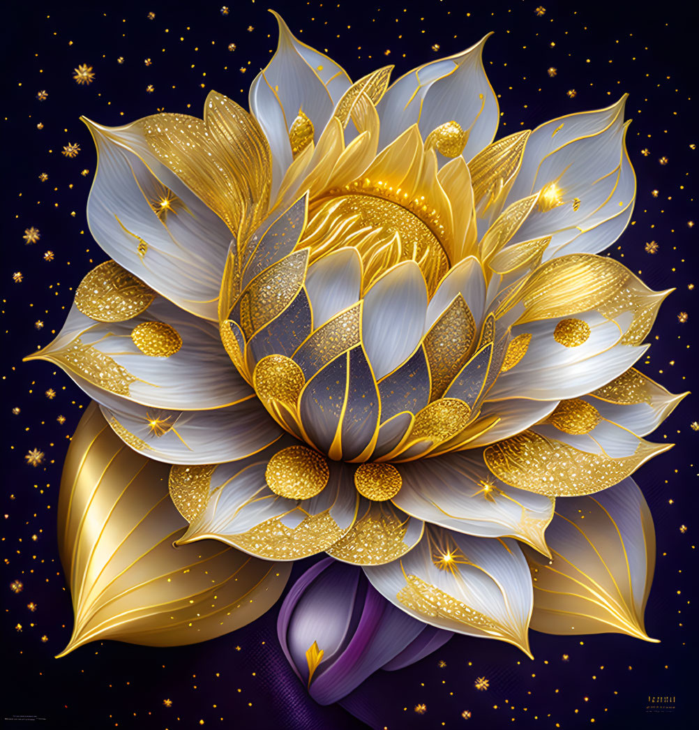 Stylized golden lotus flower digital illustration with shimmering petals