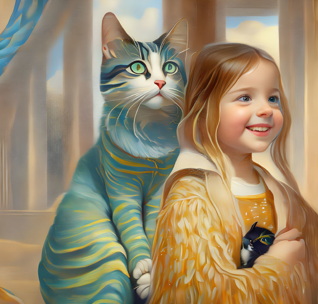 Digital illustration of smiling girl with blonde hair holding kitten next to tabby cat by window