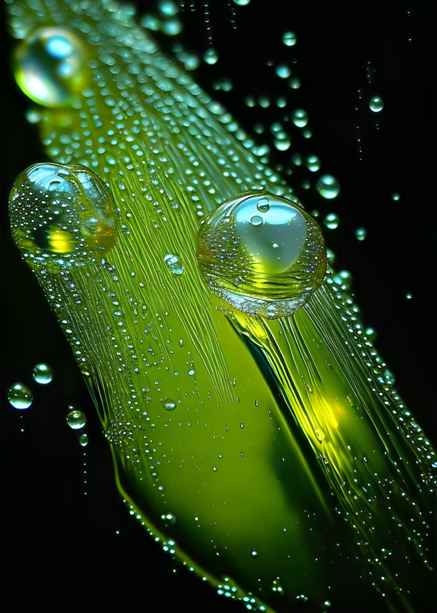 Various sizes of glistening water droplets on vibrant green-yellow surface