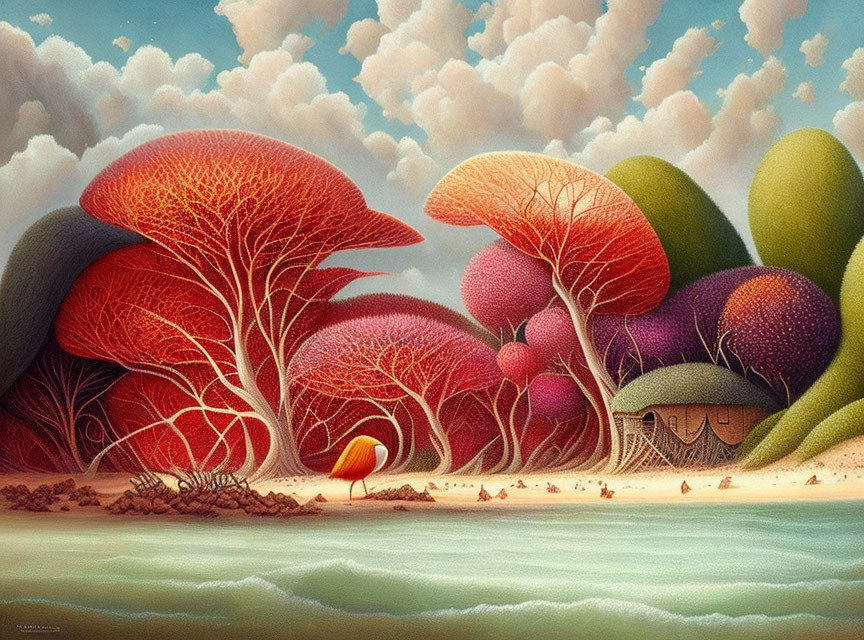 Colorful Stylized Trees in Surreal Landscape with Small Camouflaged House