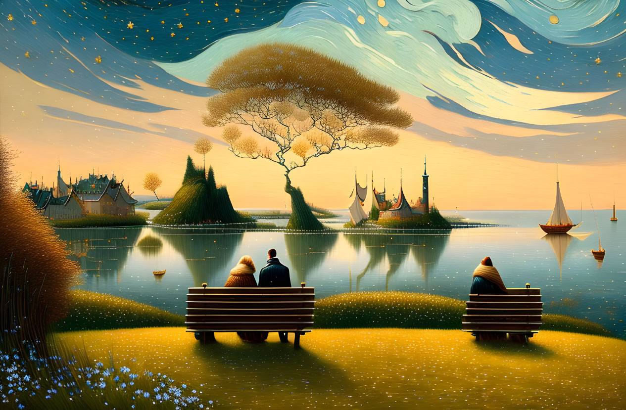 Three people on benches by serene lake with boats, tree, and starry sky