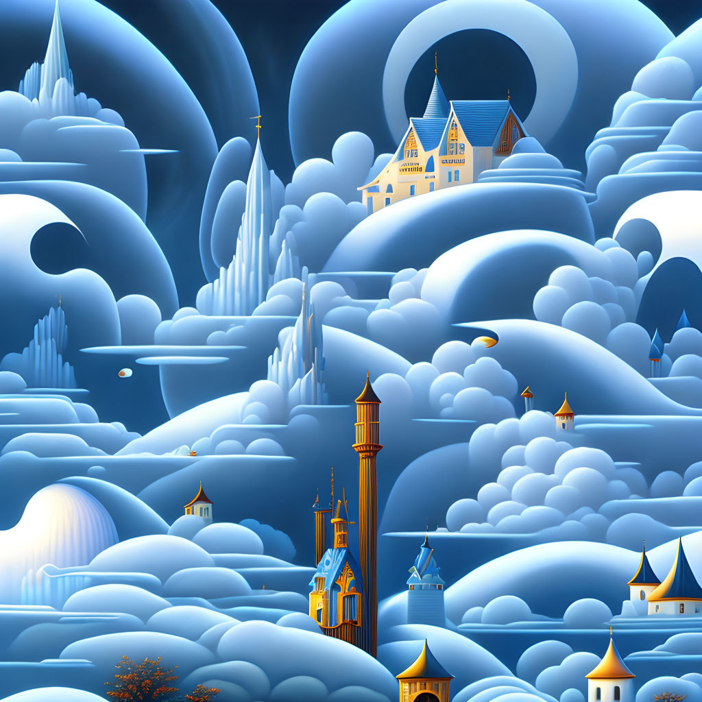 Surreal landscape with rolling clouds and scattered castles