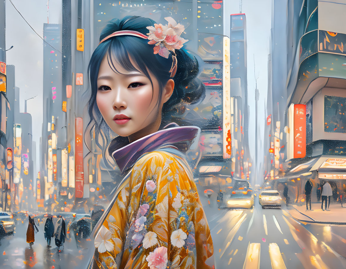 Traditional Japanese woman contrasts modern cityscape with neon signs and blurred pedestrians