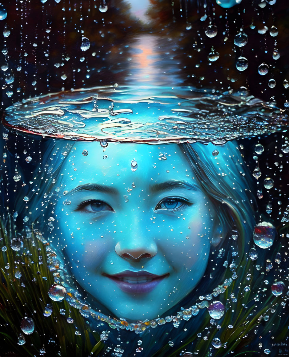 Blue-skinned woman portrait submerged in water with droplets and reflection