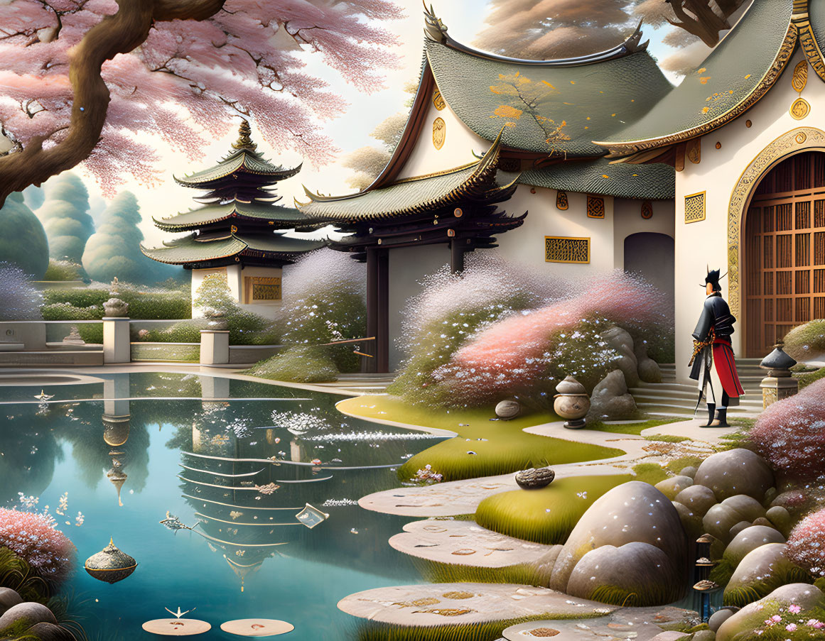 Samurai in Japanese garden with cherry blossoms and pavilions