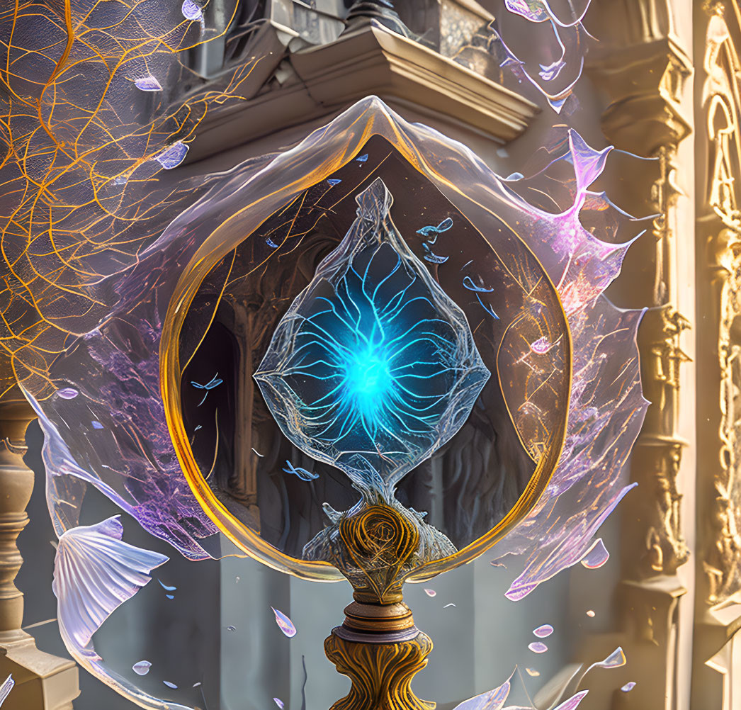 Mystical blue orb on golden stand with magical barrier and floating leaves