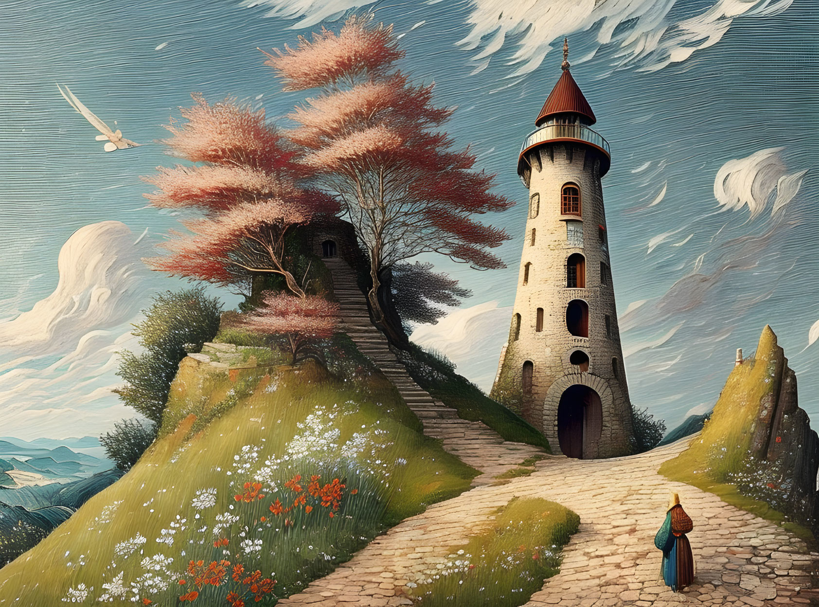 Cloaked Figure near Tower on Hill with Blooming Trees and Falling Star