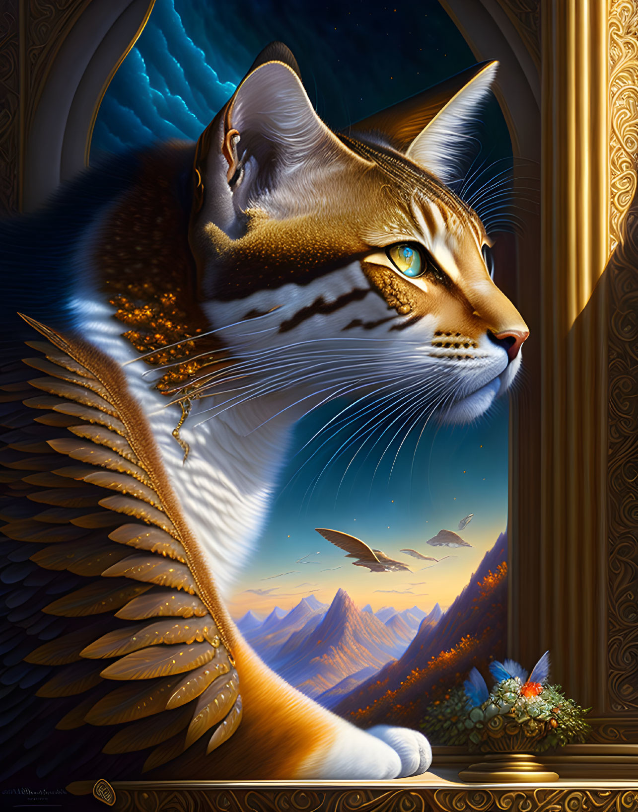 Golden winged cat admiring sunset over mountain landscape with blooming flowers