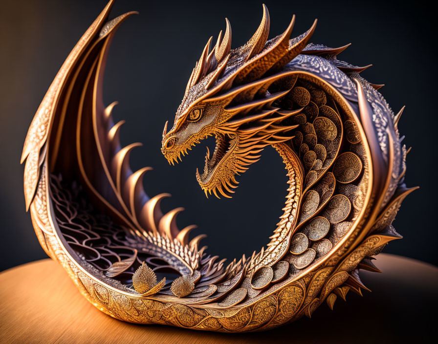 Intricately carved wooden dragon sculpture with ornate details on dark background