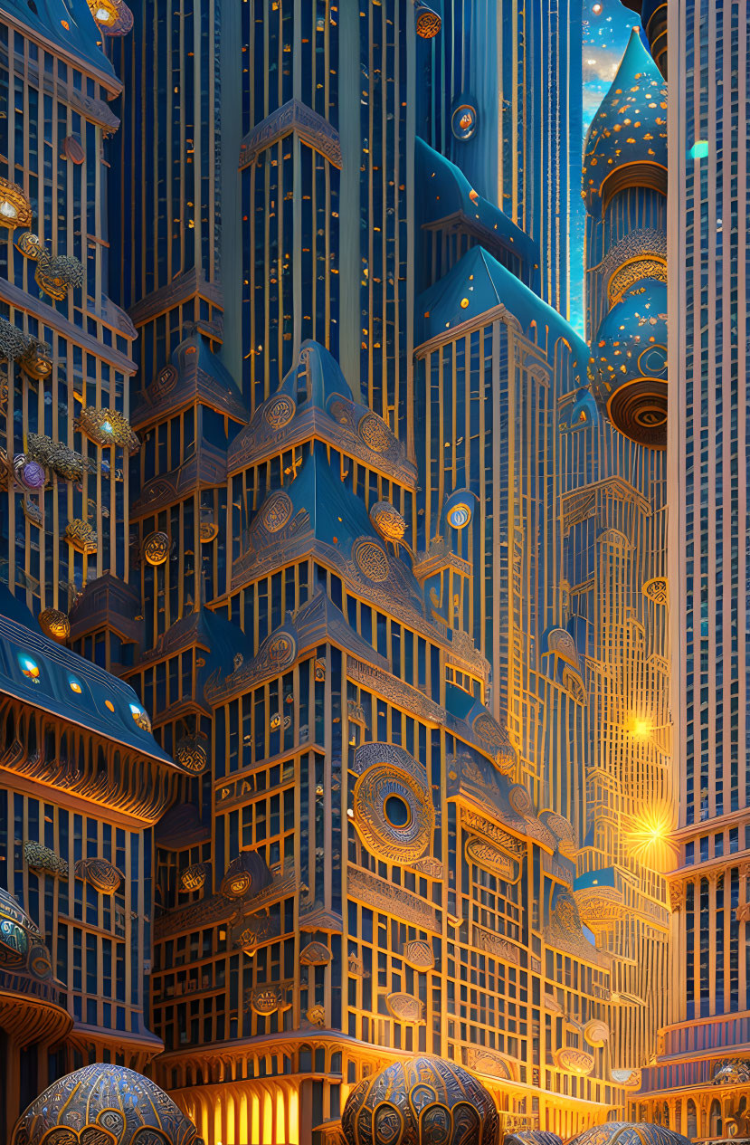 Ornate glowing cityscape with towering buildings and intricate designs