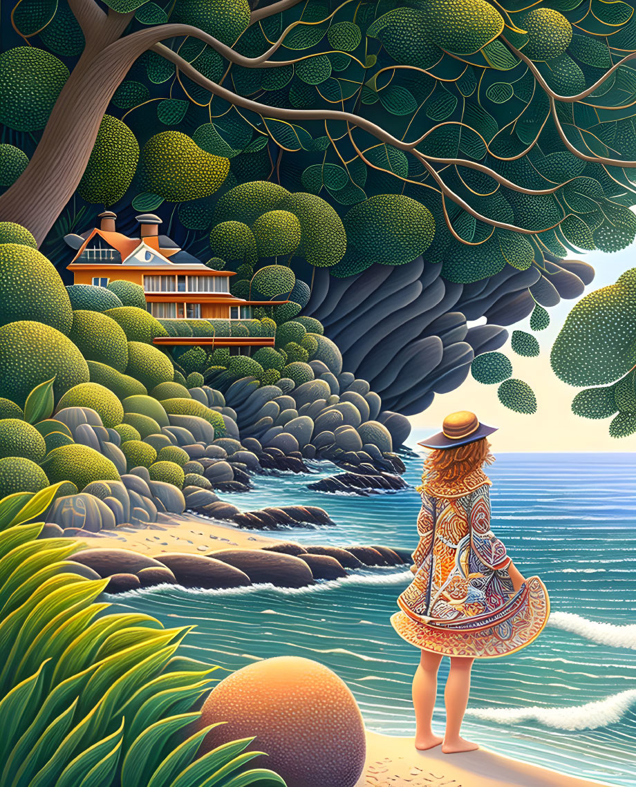 Woman in hat and patterned dress on sandy beach gazes at cozy house on cliff.