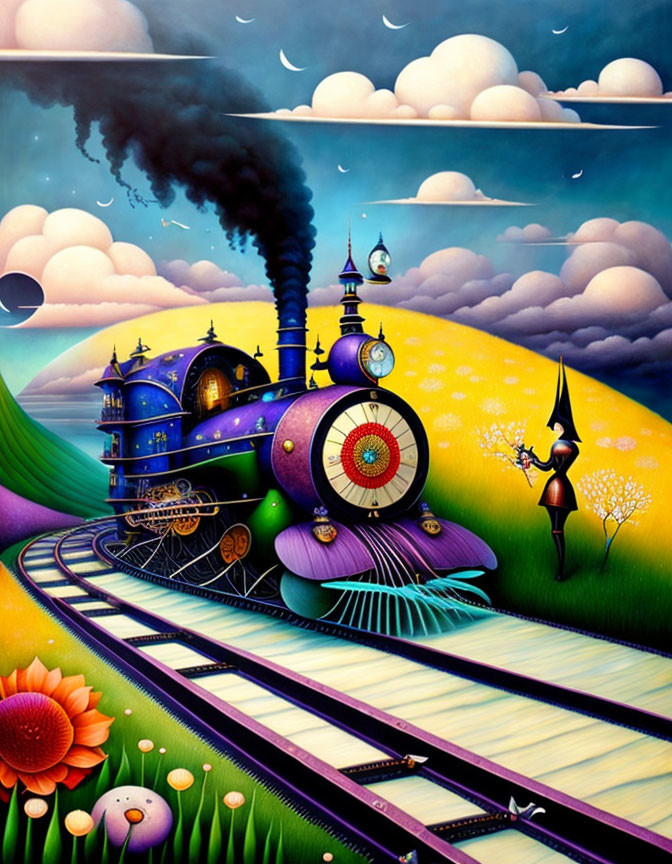 Colorful surreal painting: train, clock elements, whimsical figure, large flowers