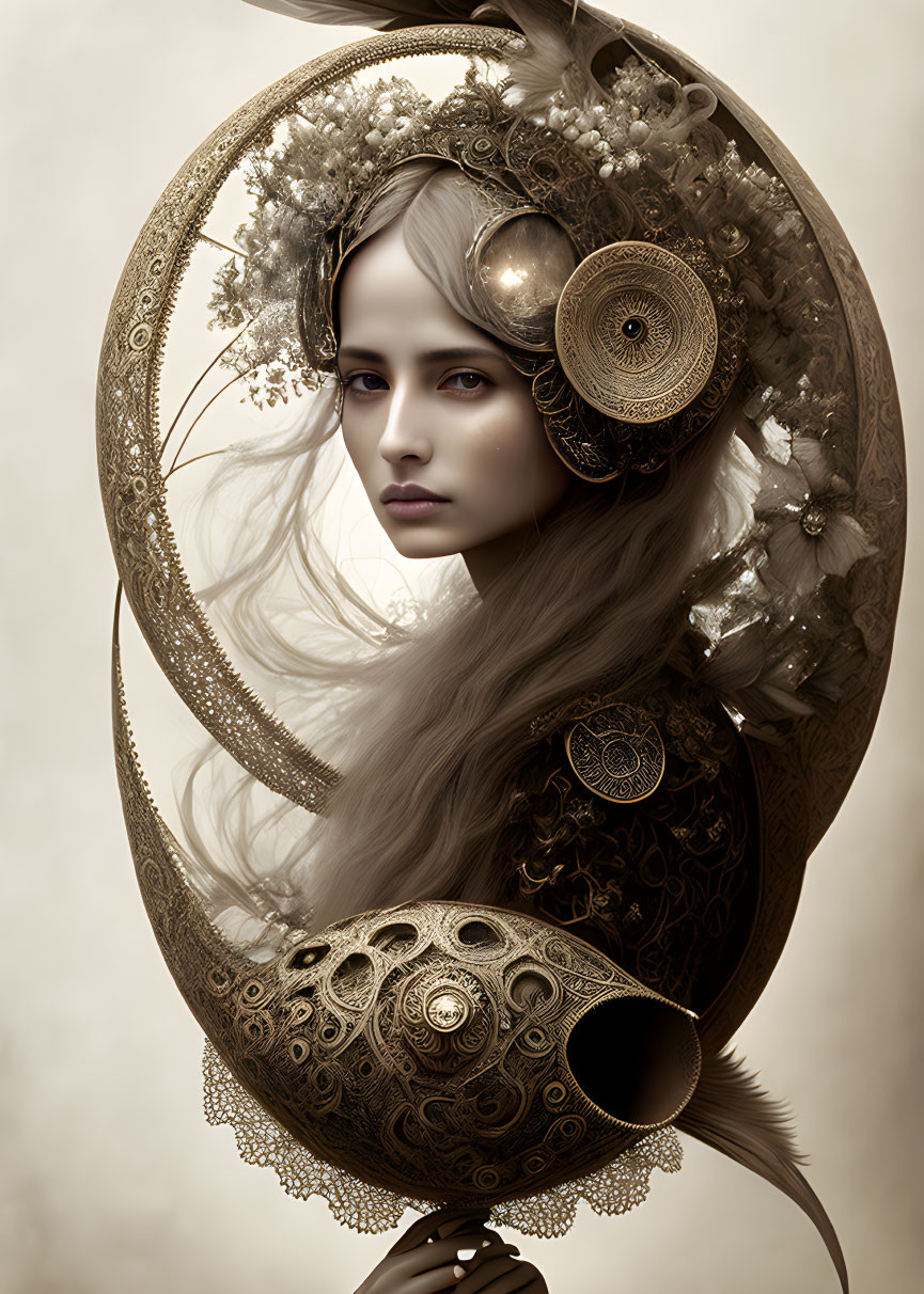 Surrealist portrait of woman with flowing hair in ornate circular design