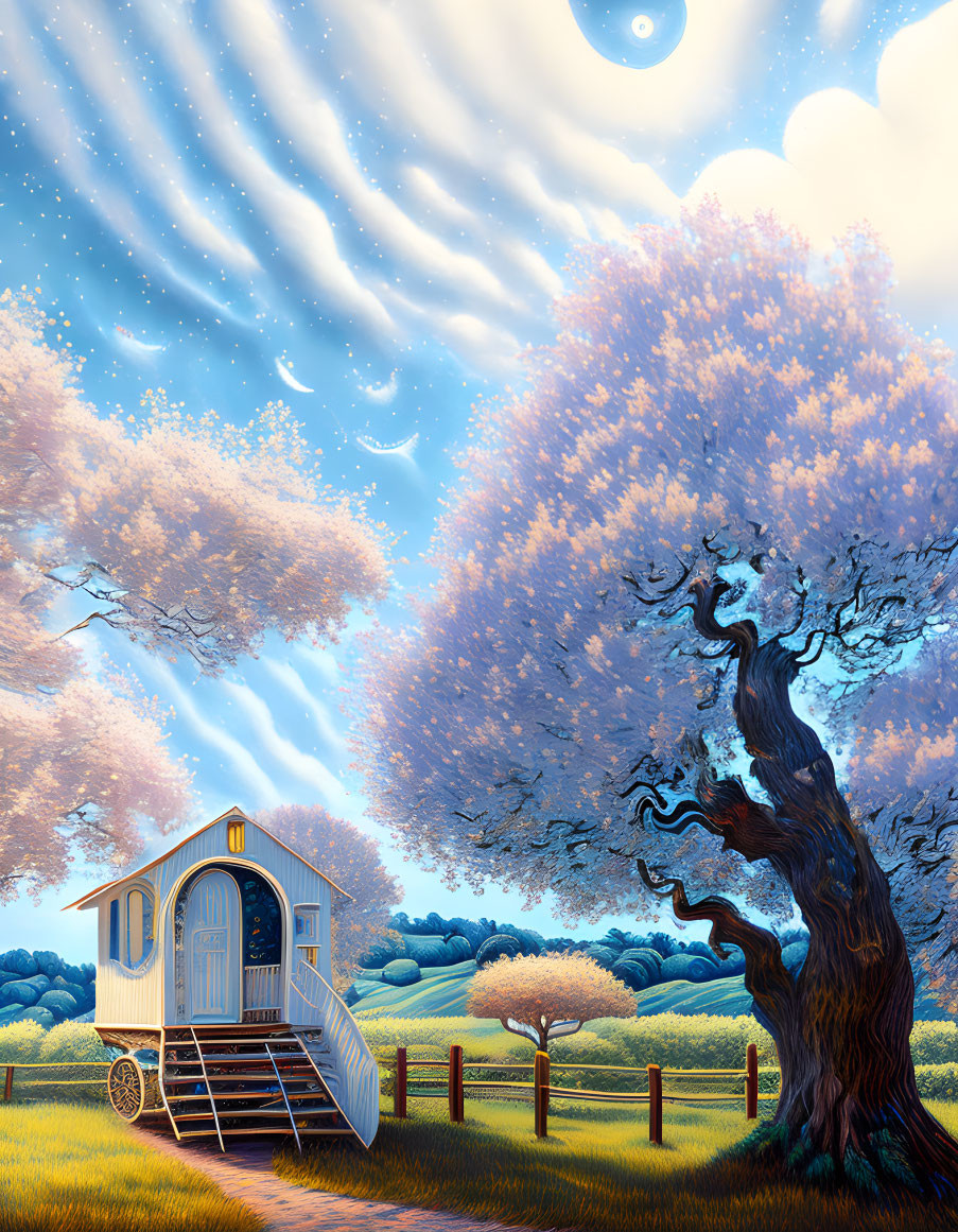 Whimsical caravan illustration under night sky with surreal moon