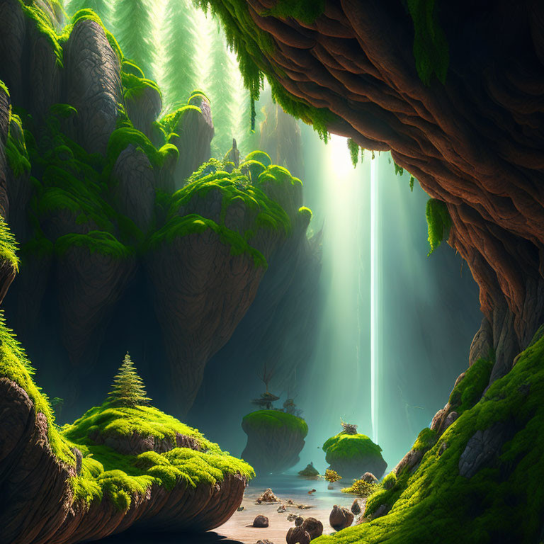 Sunlit mystical forest cave with green moss, floating islands, and serene waterfall