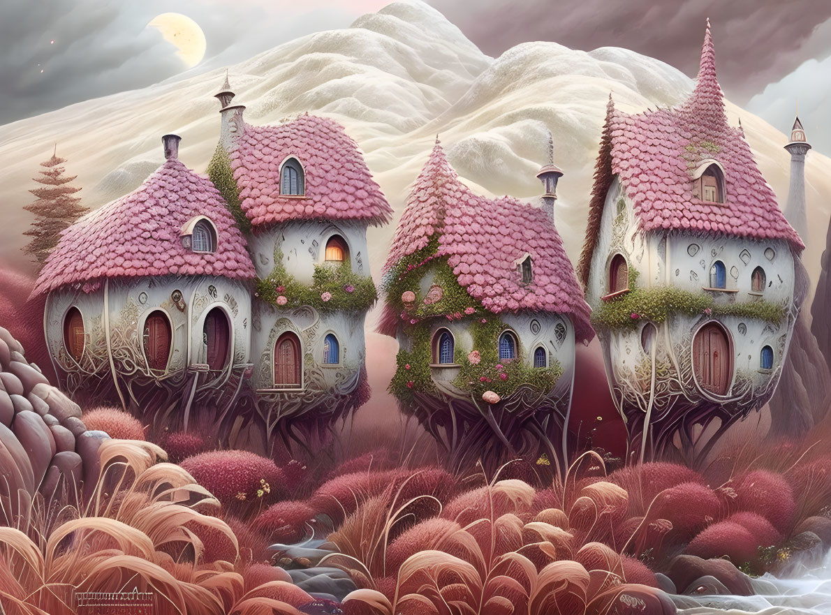 Whimsical fairy-tale houses with pink roofs in colorful landscape