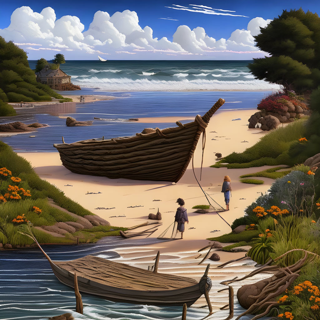 Tranquil beach landscape with boats, painters, cottage, and waves