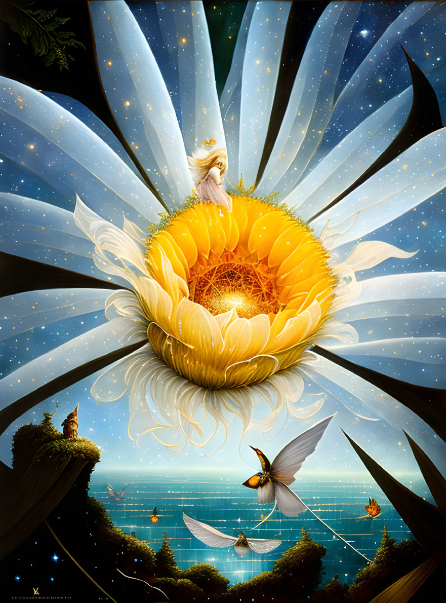 Fantastical painting: Woman on giant sunflower in night sky